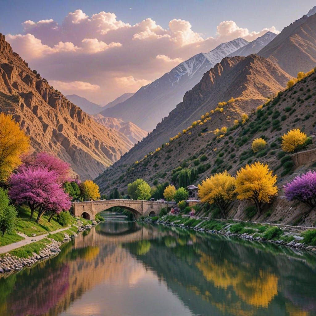 Iranian Landscape with Snow-Capped Mountains and Vibrant Val...