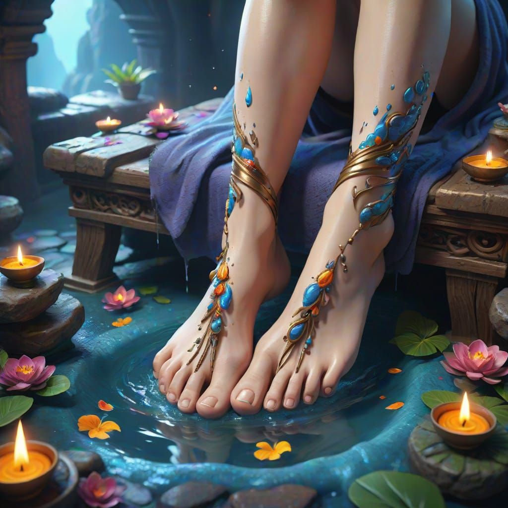 Surreal Foot Spa Scene in Vibrant Fantasy Colors