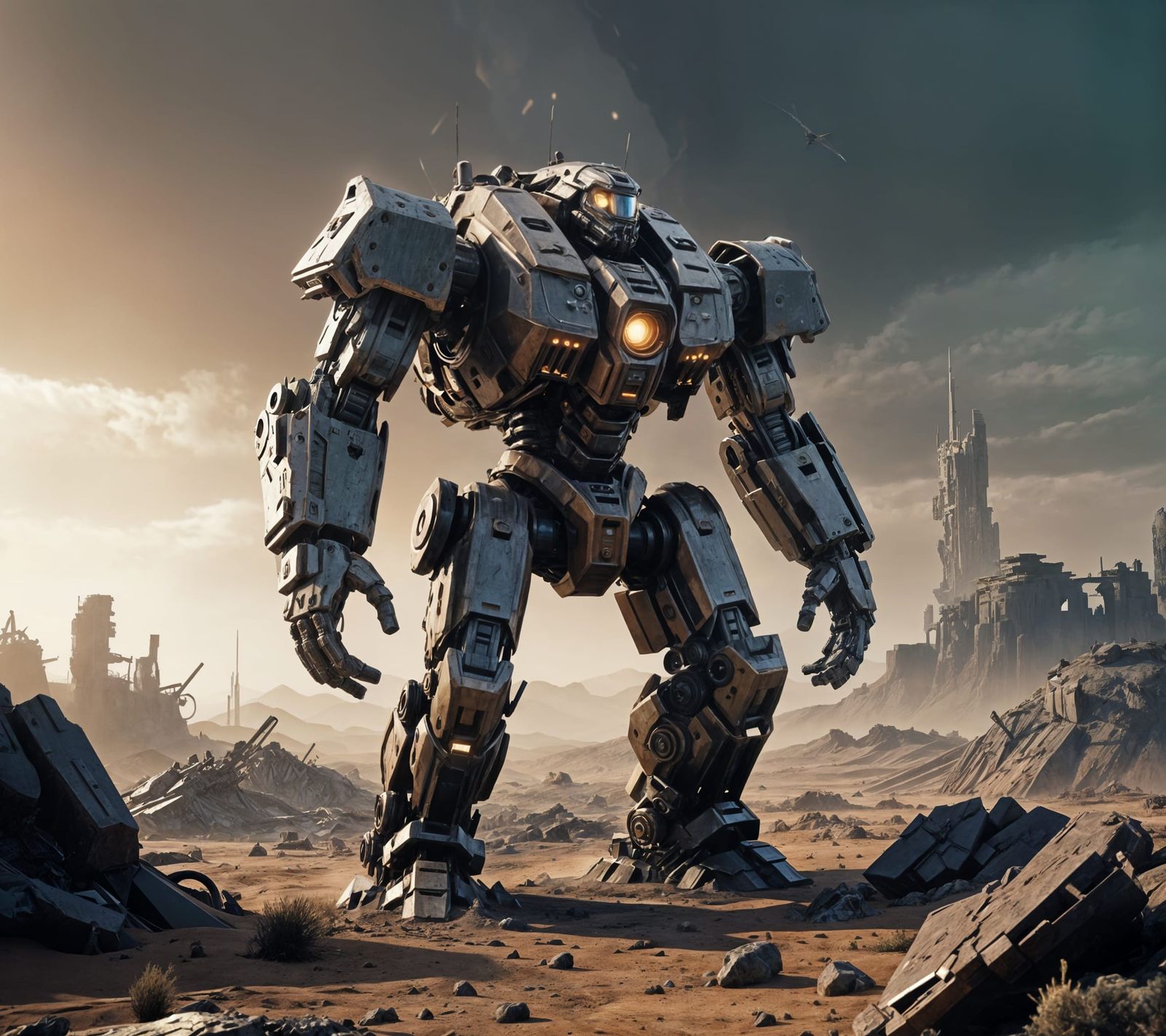 Colossal Mech Guards Post-Apocalyptic Wasteland