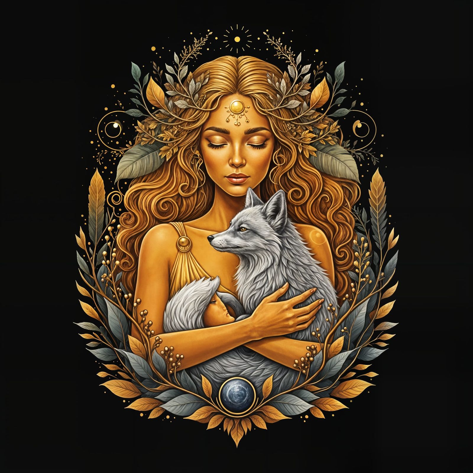 Mystical Goddess Holds Silver Fox in Dreamlike Landscape