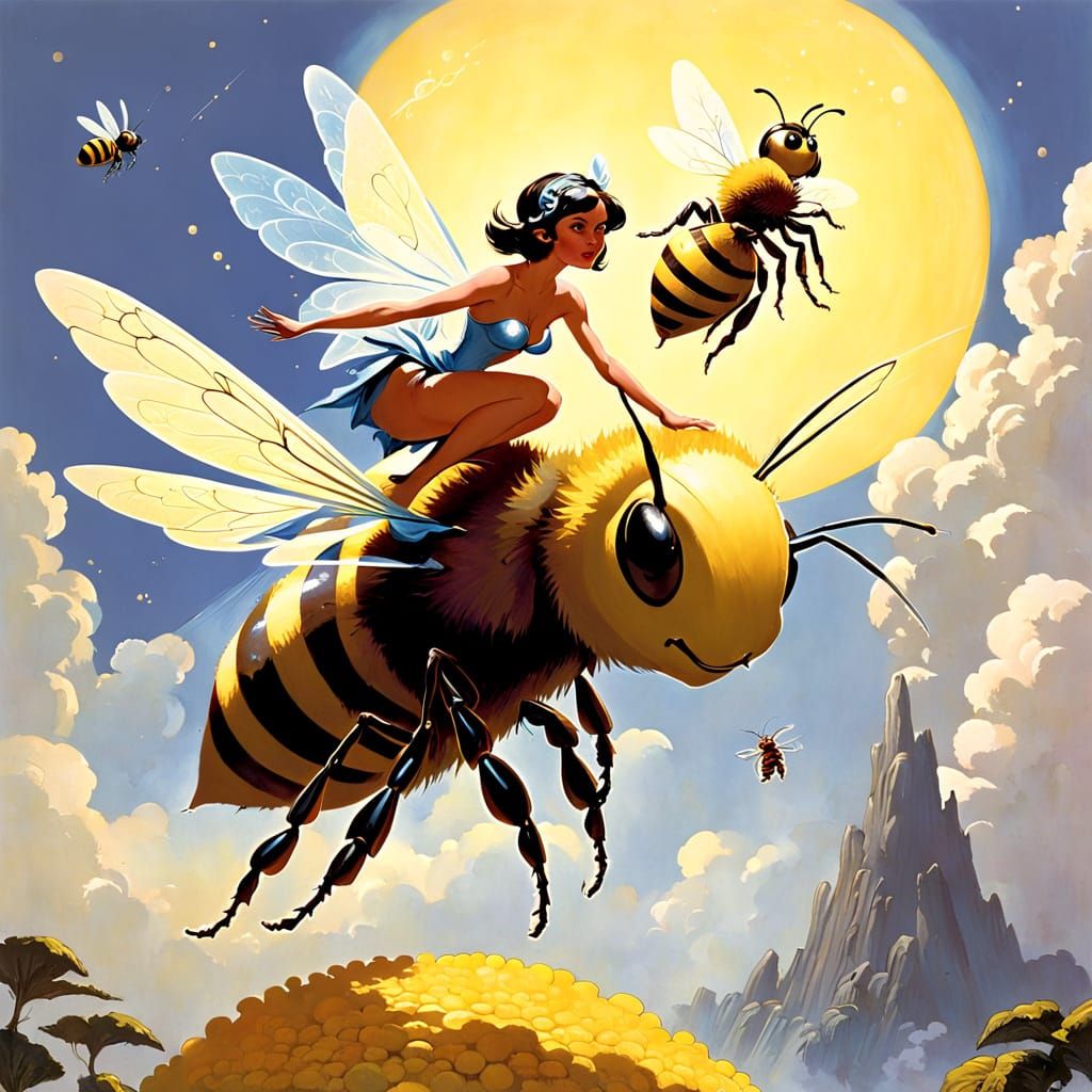 Magical Fairy Rides a Giant Bee in the Sky