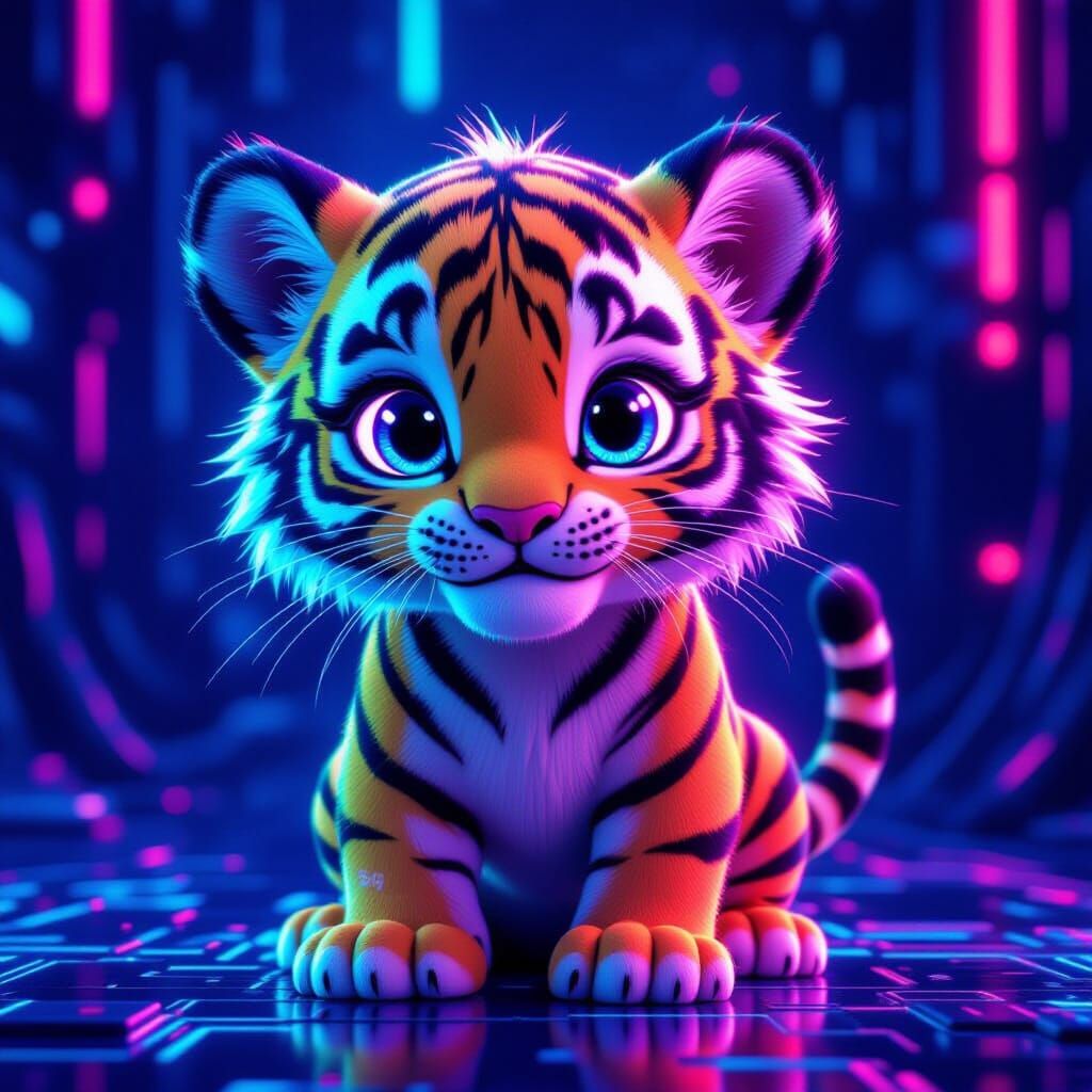 3D Cartoon Tiger Cub With Neon Circuit Stripes