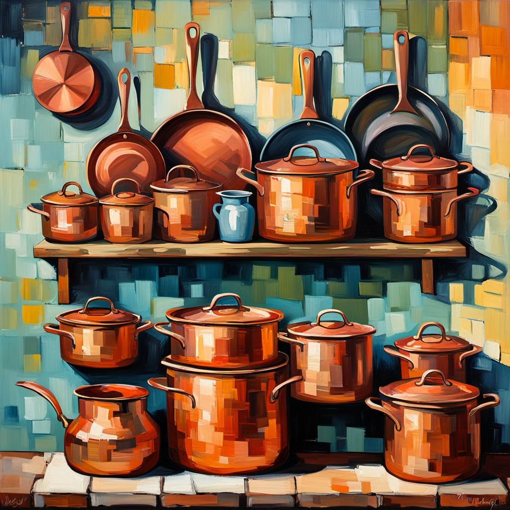 Rustic Kitchen Shelf with Copper Cookware in Impasto Style