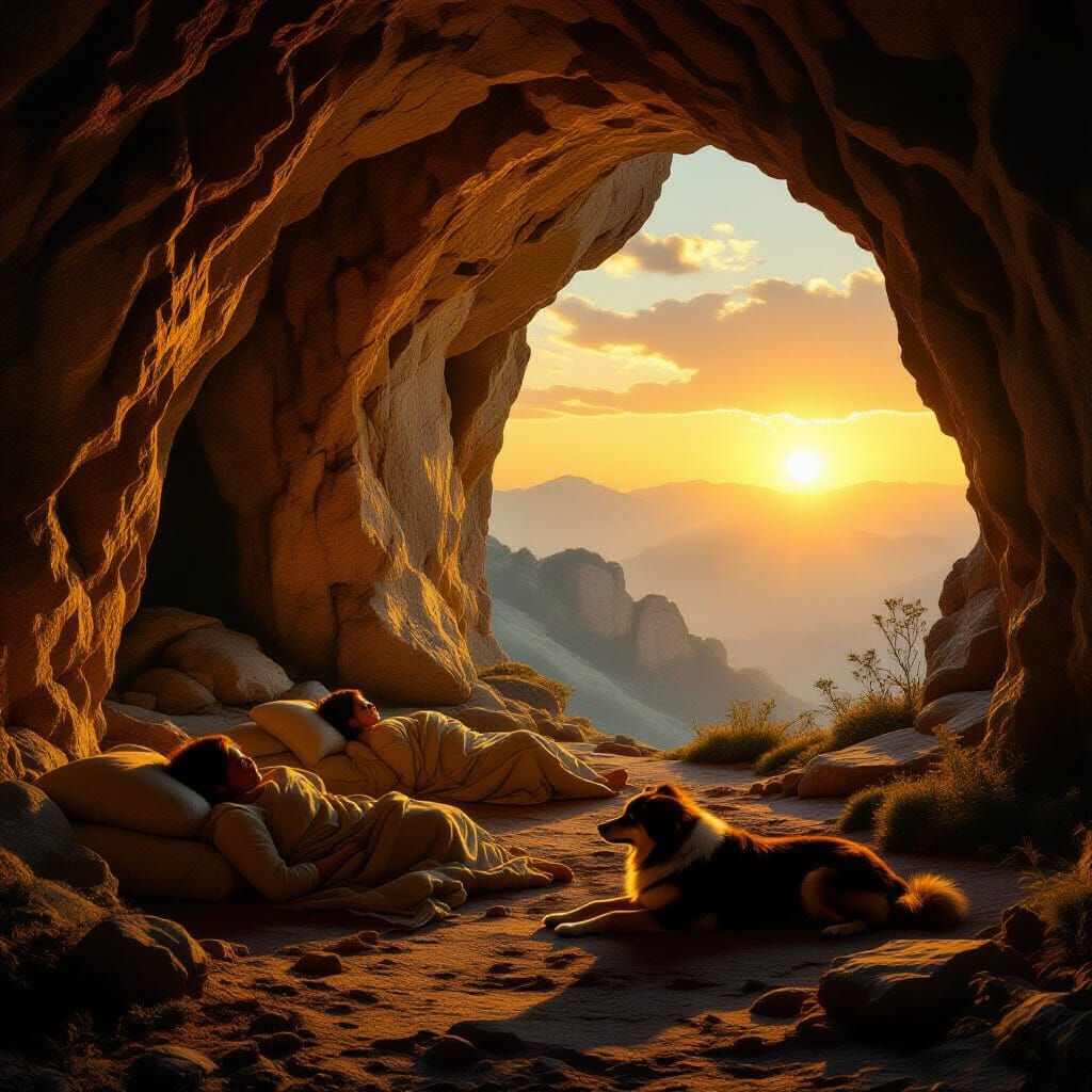 Sunrise Over Ancient Cave Entrance with Sleeping Figures