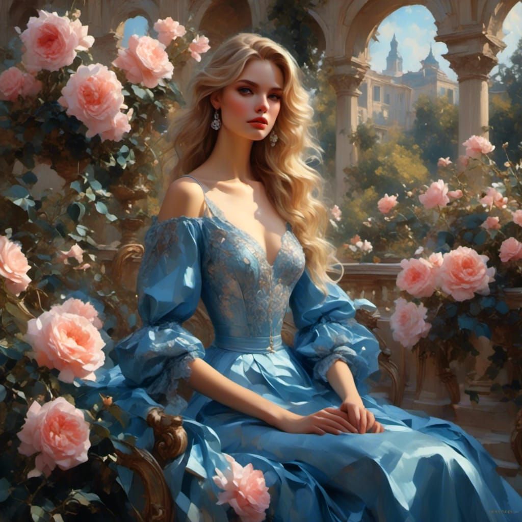 Beautiful Woman in Rose Garden, Detailed Portrait