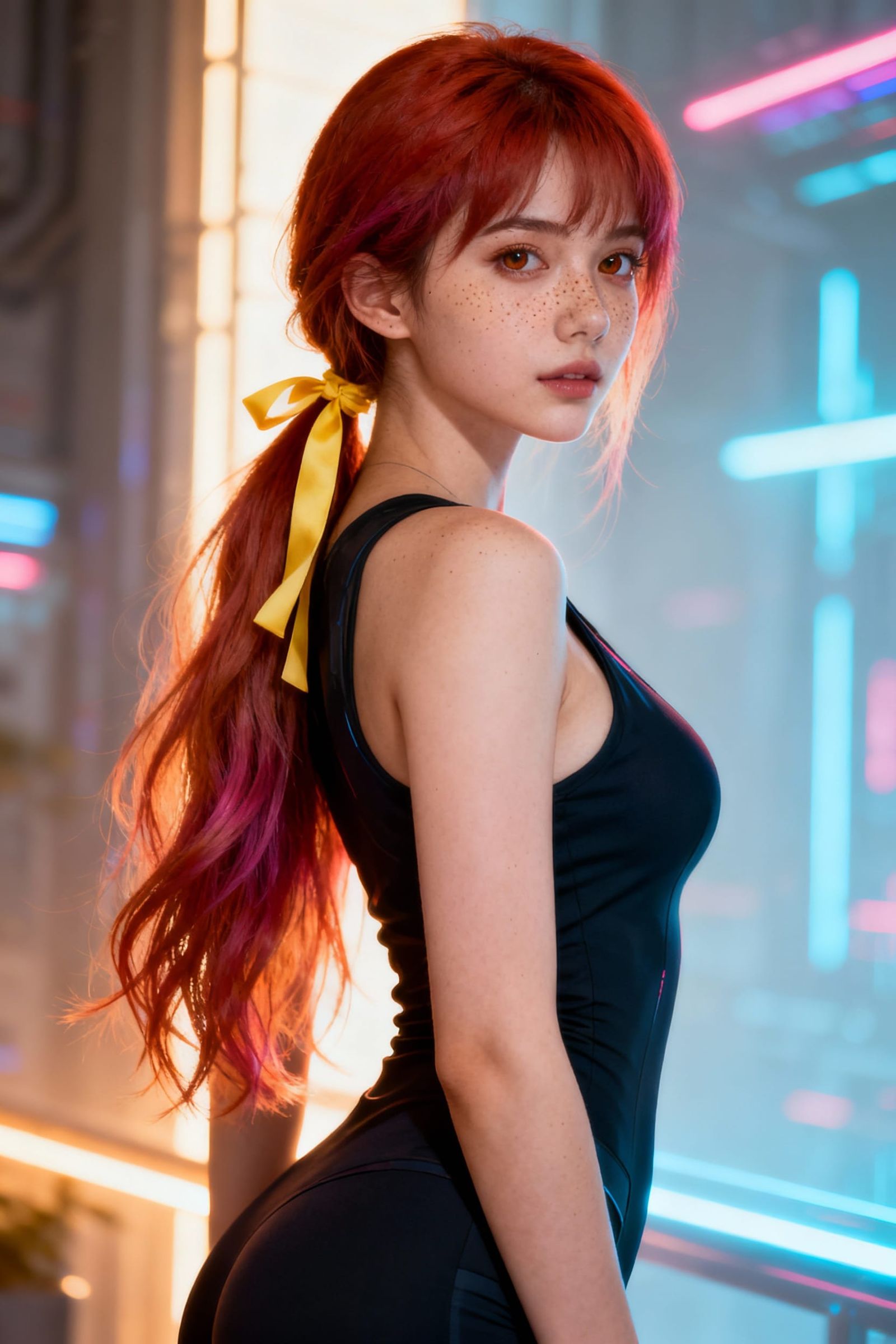 Young Woman with Freckles and Flowing Red Hair