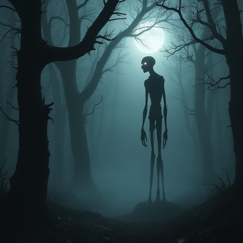 Eerie Forest Figure Under Pale Moon
