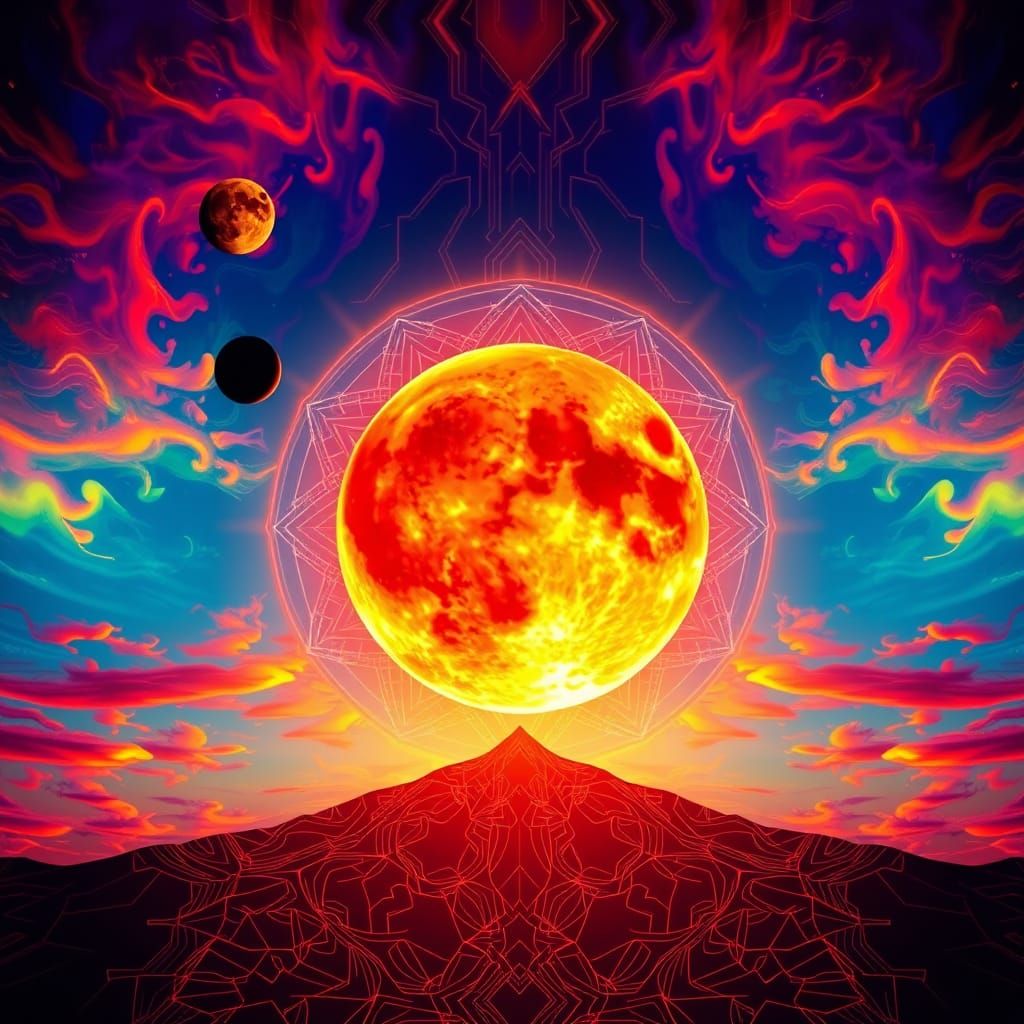 Majestic Double Moonrise with Geometric Auroras