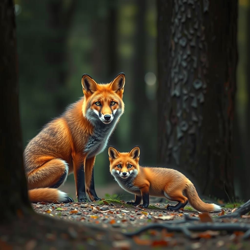 Fox Family in Forest