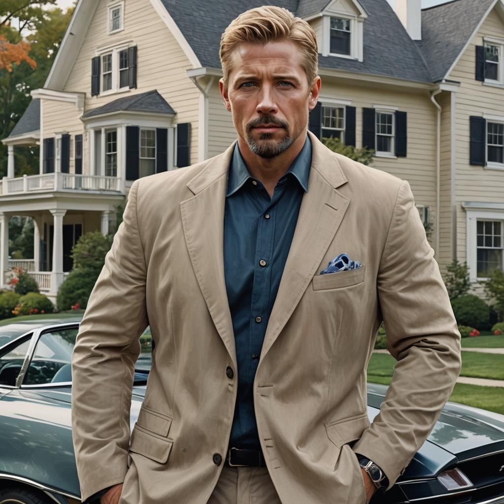 Man in Blazer by Sports Car, Digital Art