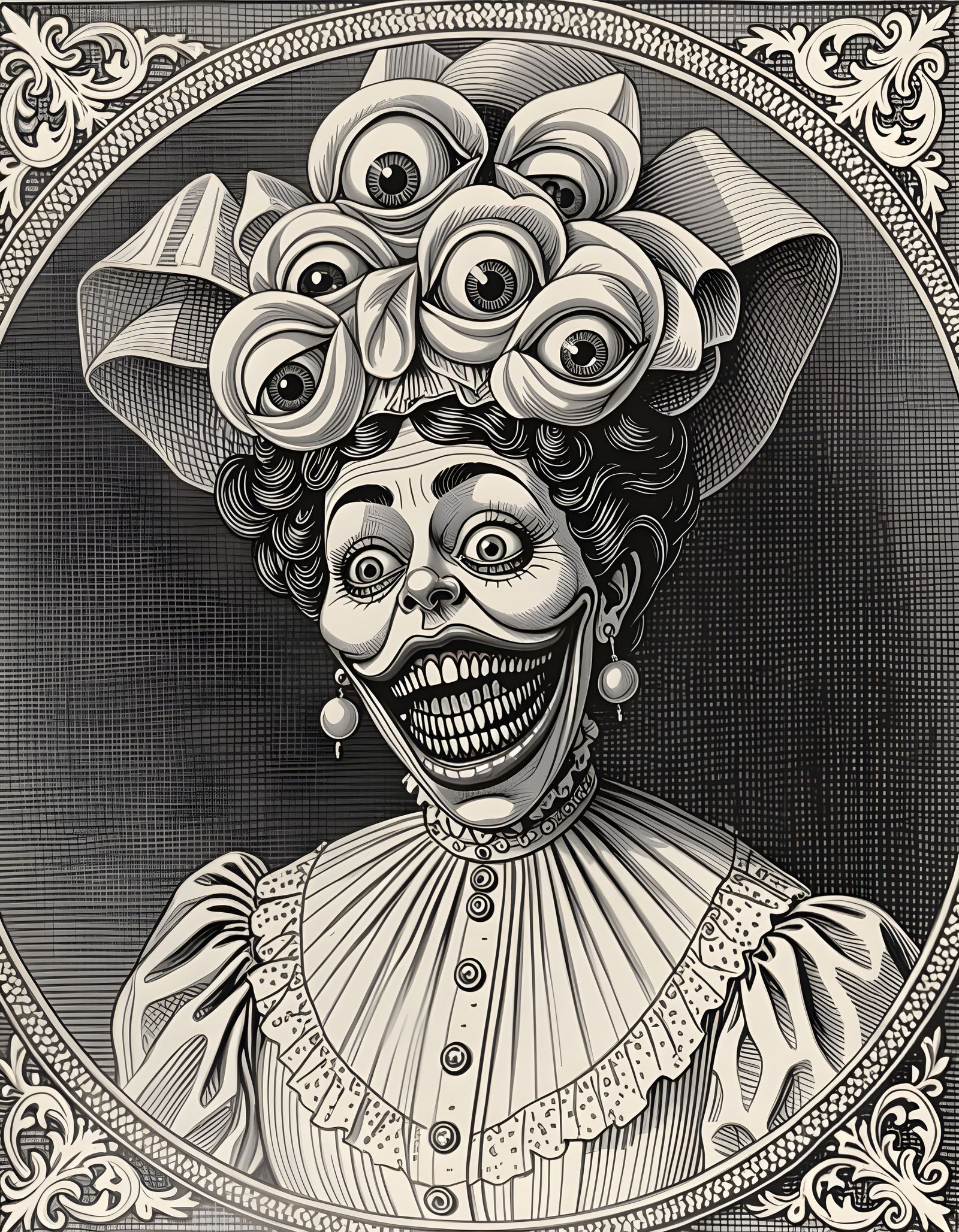 Terrifying Giantess with Multiple Eyes in Etching Style