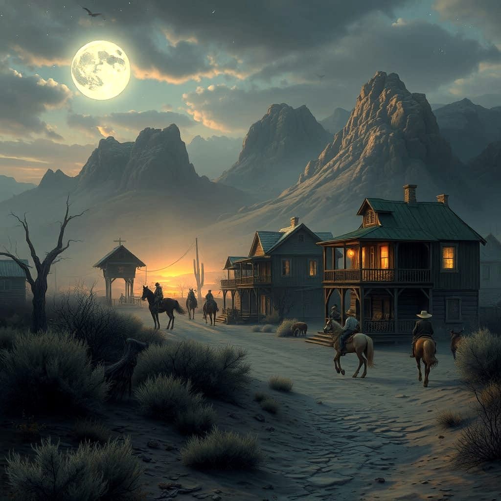 Ethereal Cowboy Townscape Under Desert Stars