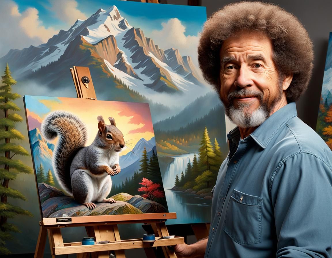 Bob Ross Portrait with Squirrel, Hyperrealistic Splash Art