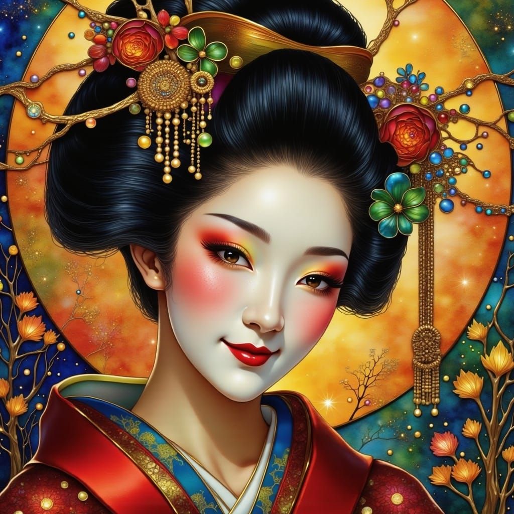 Serene Geisha in Ink-Washed Darkness