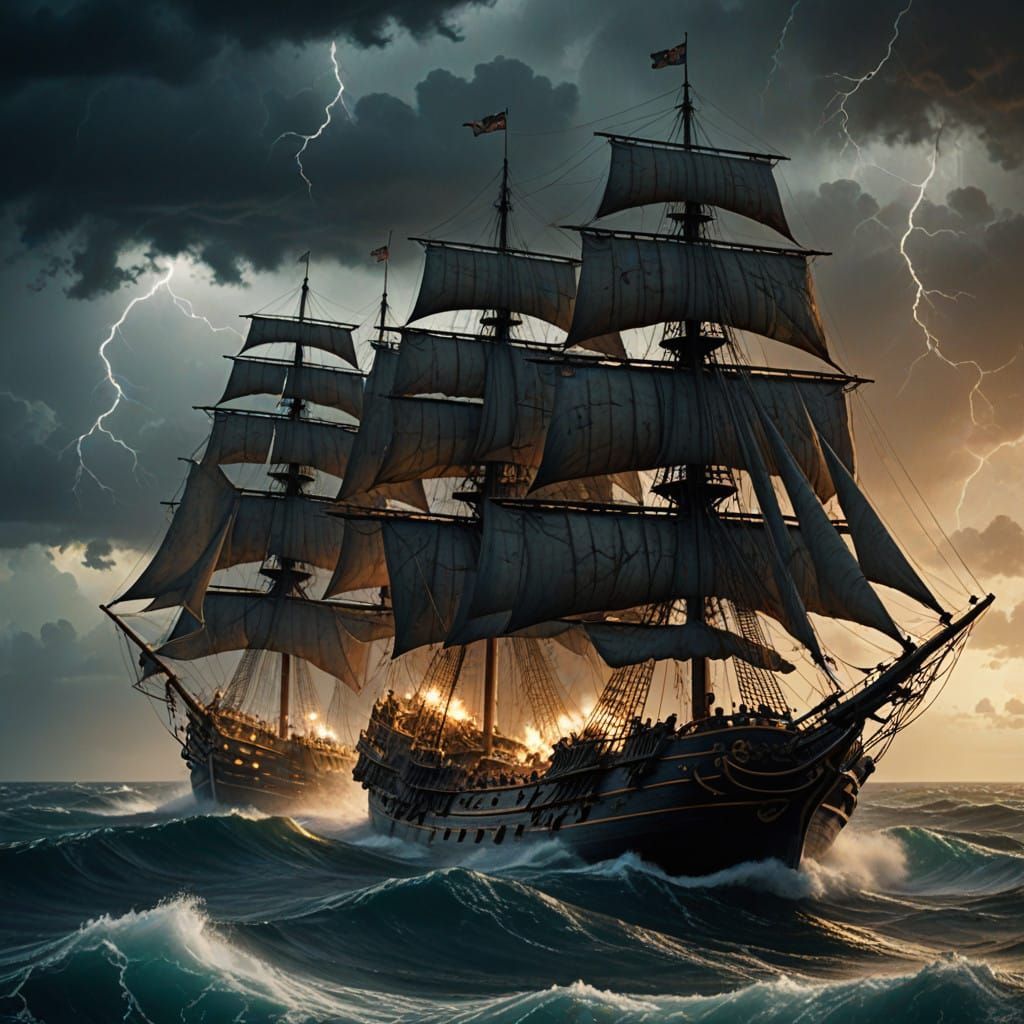 Majestic Pirate Ships Engage in Epic Battle Amidst Turbulent...
