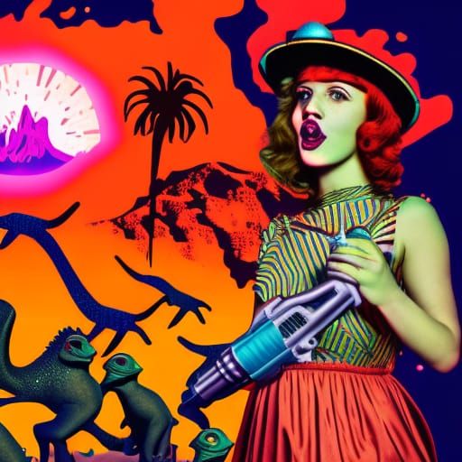 Retro Synthwave Woman with Blowtorch and Dinosaurs