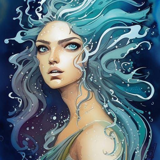 Female Poseidon in Liquid Gouache Style