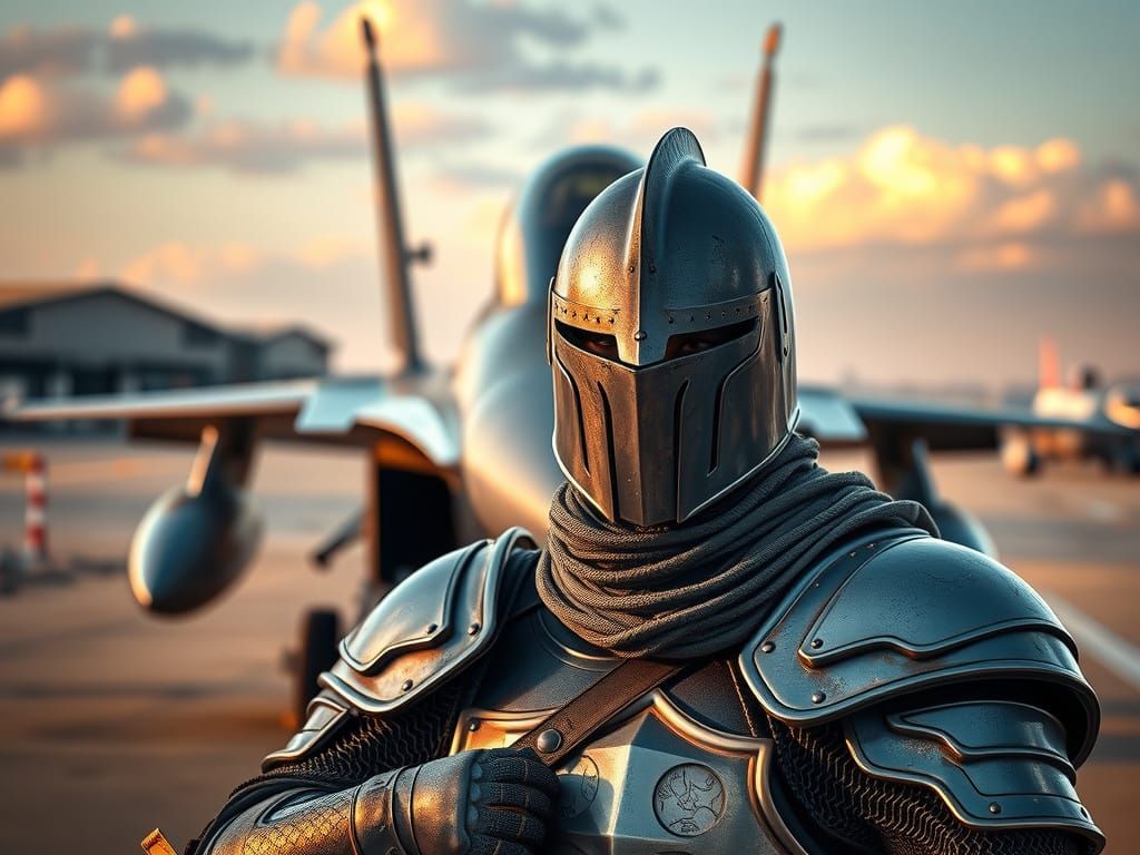 Knight Poses Before F16 Jet, Photorealistic Style