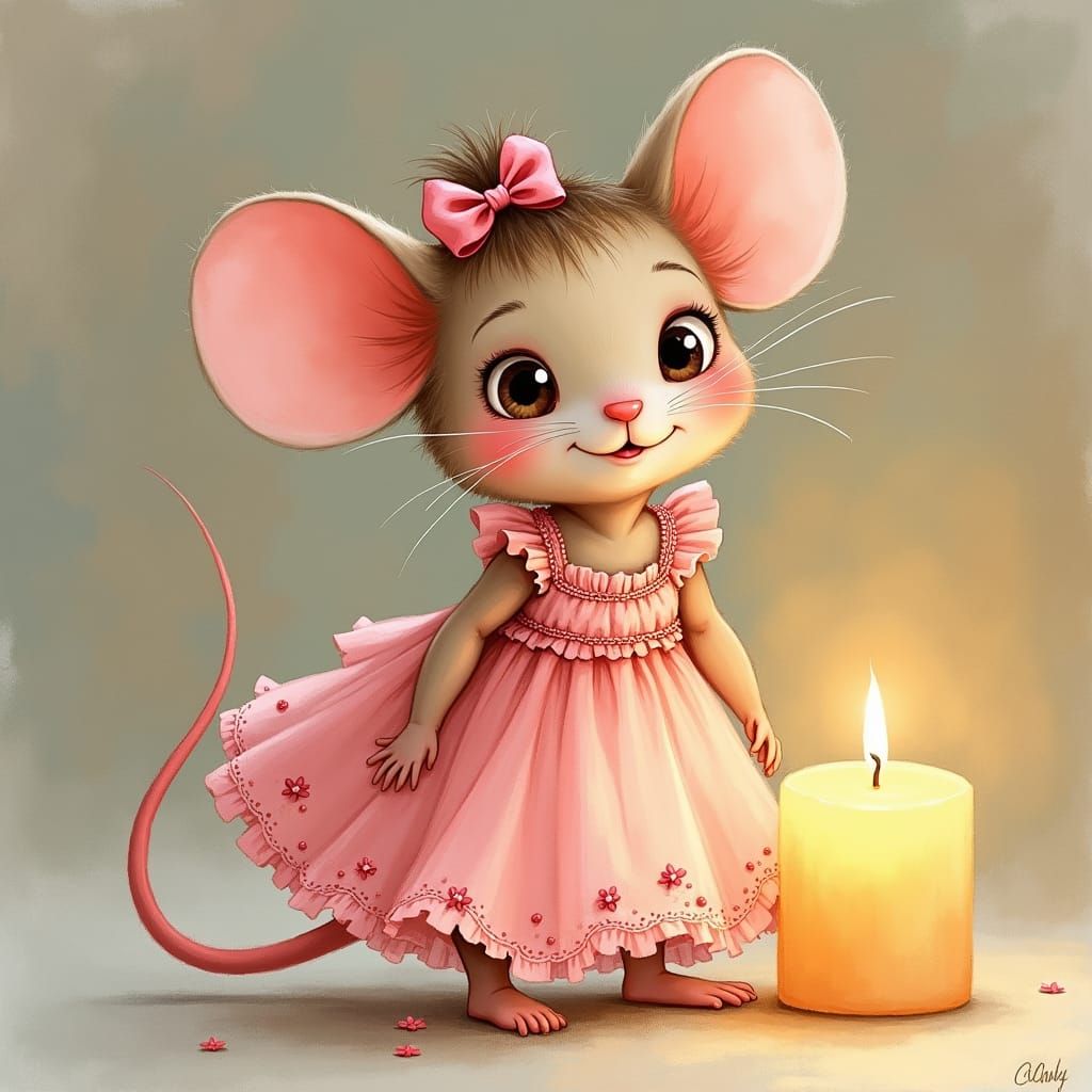 Mouse Girl in Pink Dress, Watercolor Style