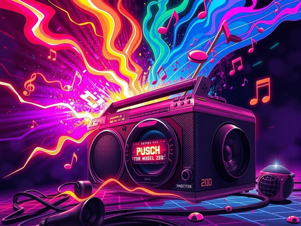 Exploding Cyberpunk Boombox with Magical Energy
