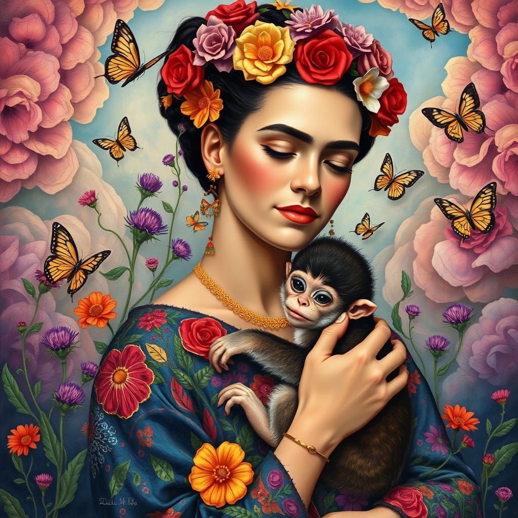Frida Kahlo in a Whimsical Floral Wonderland