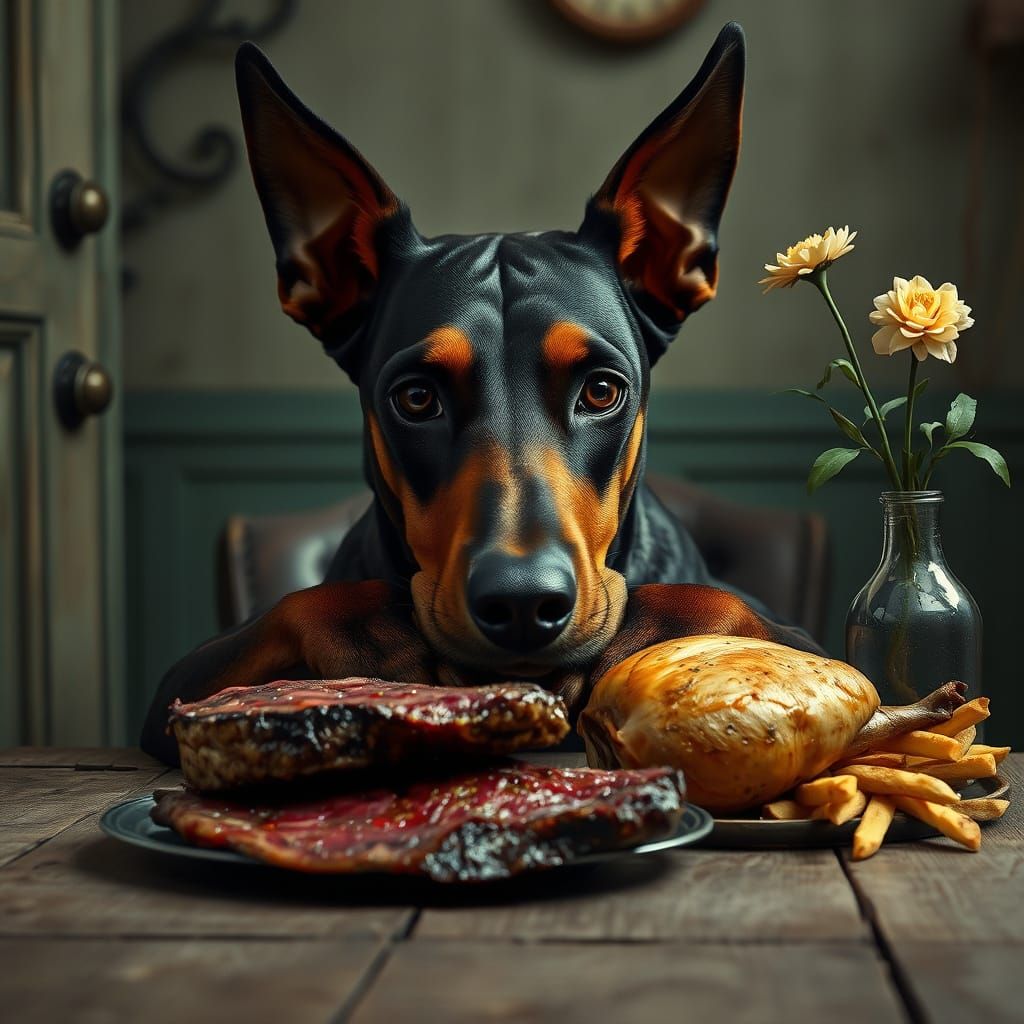A Contemplative Doberman Seated at a Vintage Kitchen Table