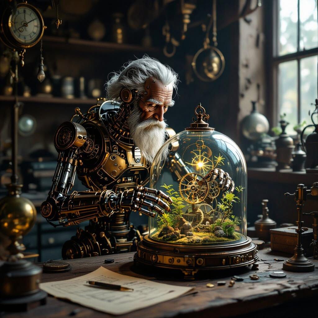 Clockwork Naturalist Tending Miniature Ecosystem in Steampun...