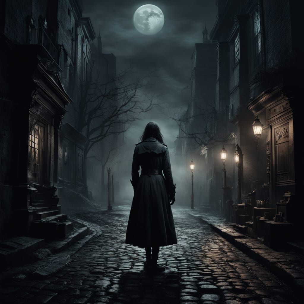 Detective Silhouetted Against Moonlit Victorian Street