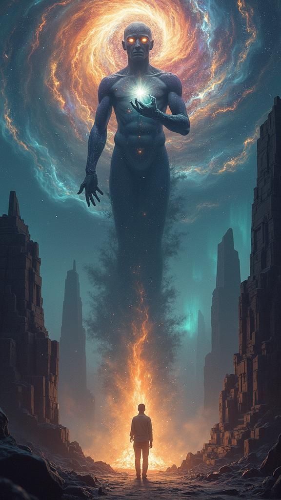 Celestial Stardust Figure Emerges from Cosmic Vortex