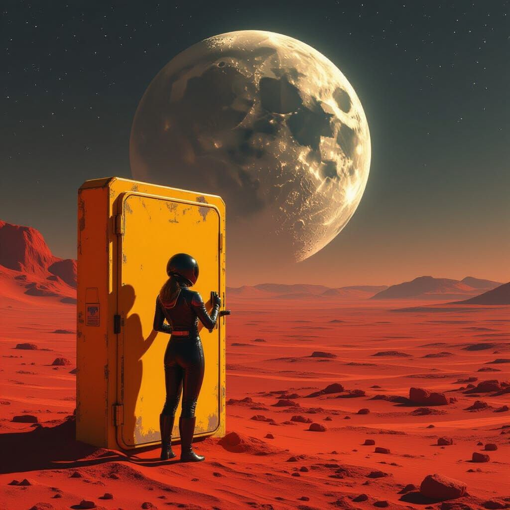 Astronaut Opens Yellow Gate on Red Planet Under Alien Moon