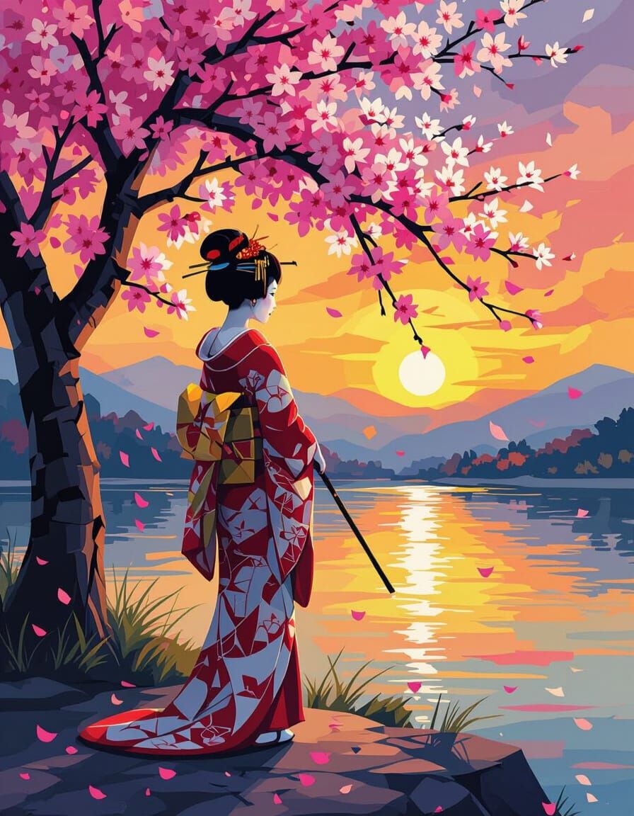 Geisha Under Blossom Tree at Sunset in Cubist Style