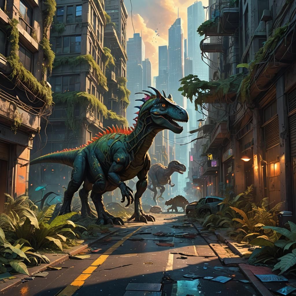 Post-Apocalyptic Cityscape with Bioluminescent Flora