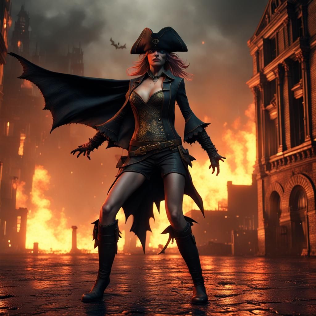Pirate Batgirl in Burning Gotham, Cinematic 3D Art