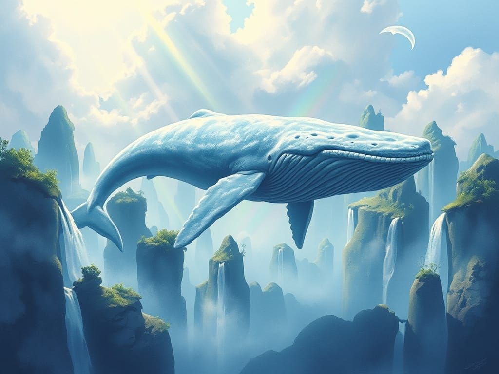 Sky-Whale Drifting Among Floating Waterfall Islands as Water...