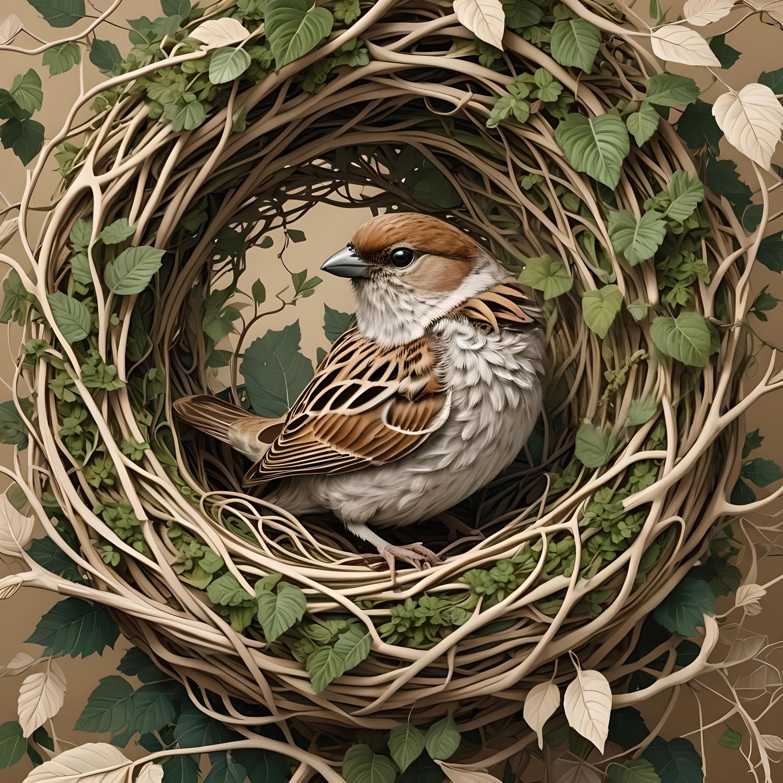 English House Sparrow on Entwined Nest: 3D Render