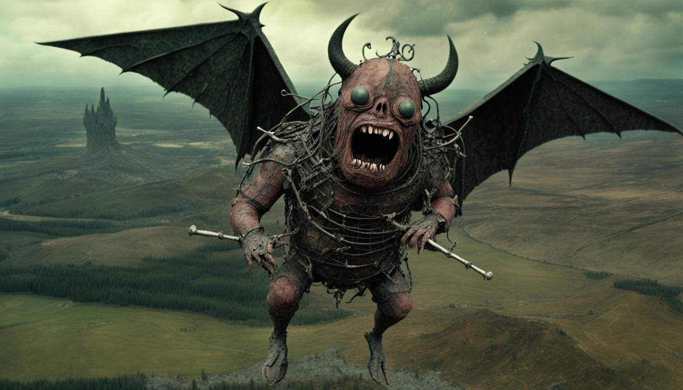 Gigantic Trogglodite Monster Sails Over Dark, Twisted Landsc...