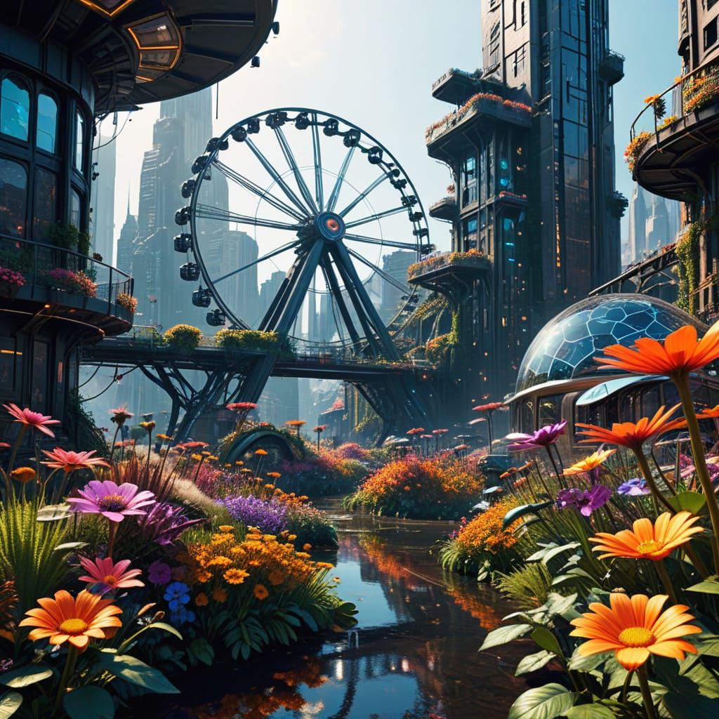 Surreal Cityscape of Vibrant Floral Wonders in a Futuristic ...