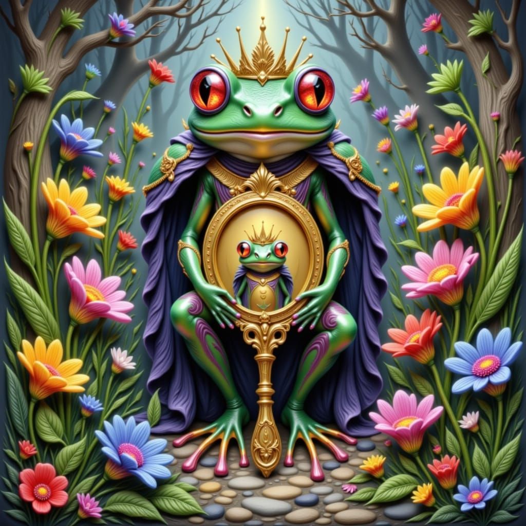 Frog Prince Holds Ornate Mirror Reflecting Another Frog