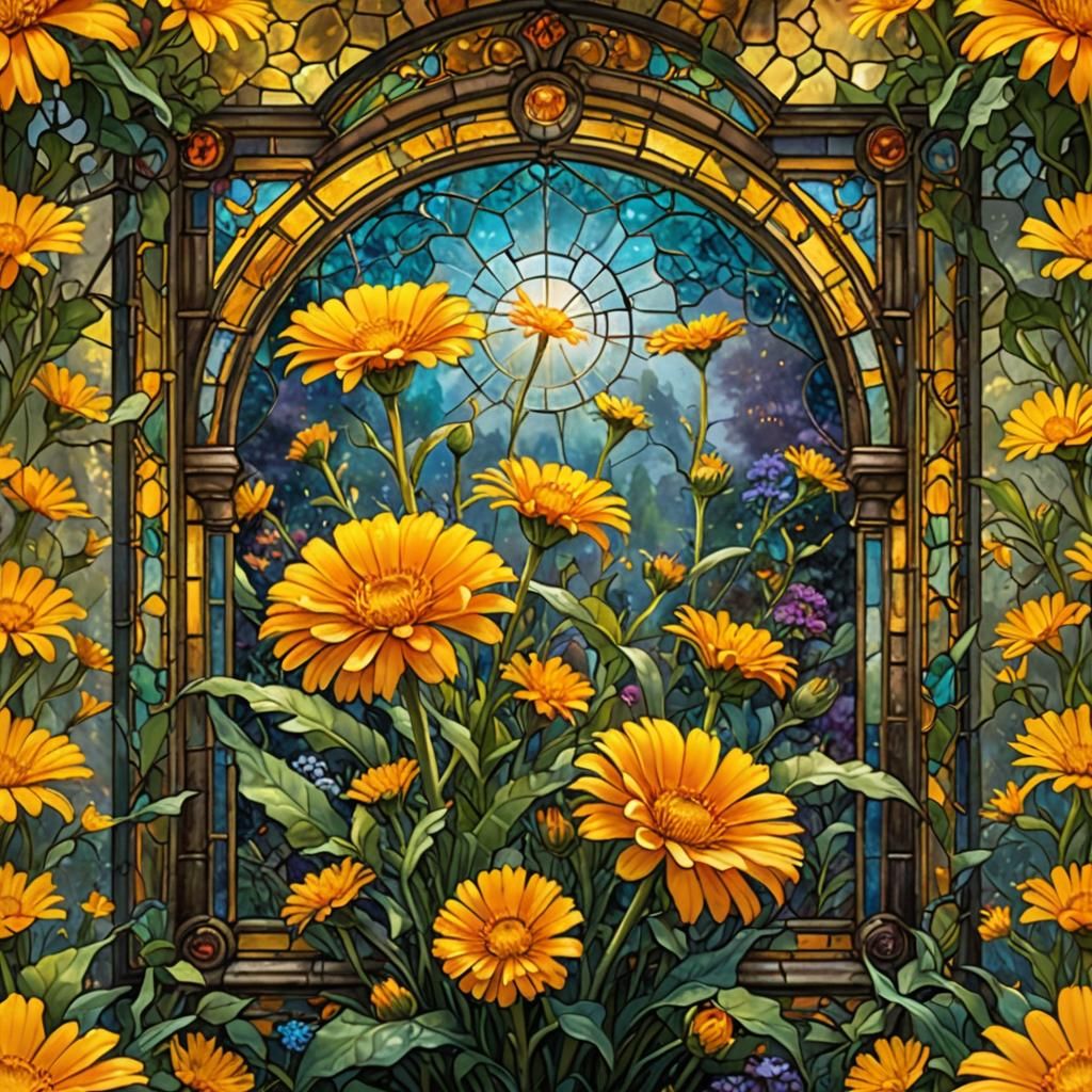 Stained Glass Calendula Flower in Digital Painting Style