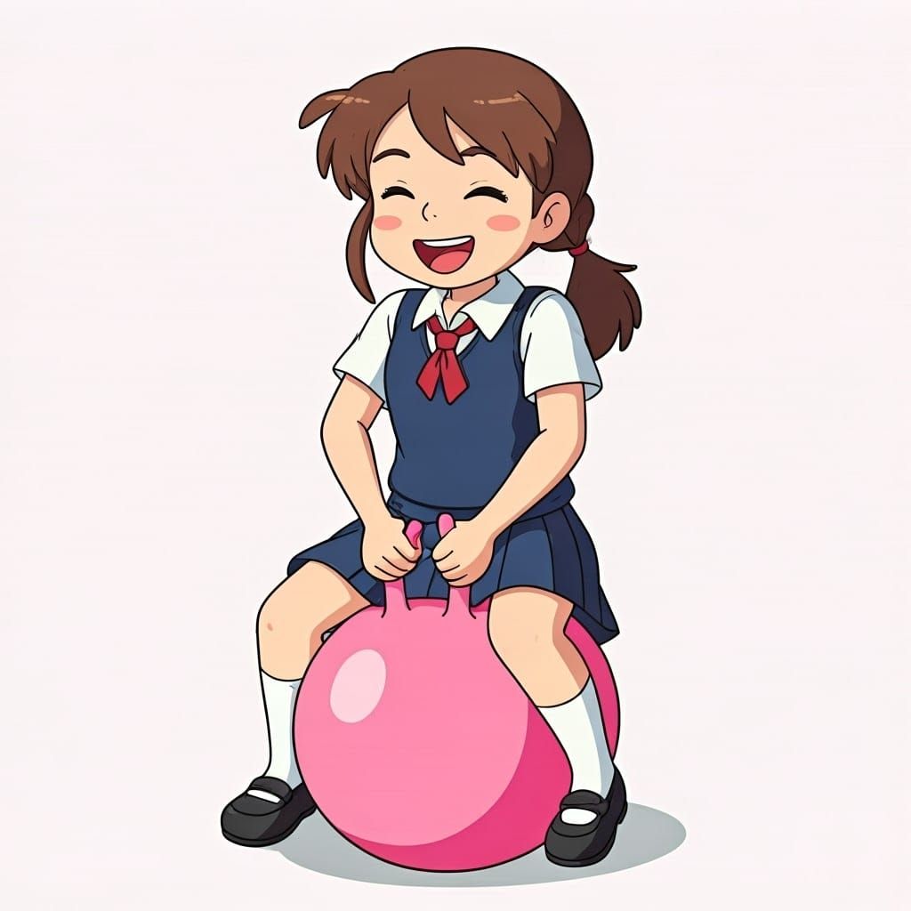 Japanese School Girl in Delightful Hopper Ball Moment