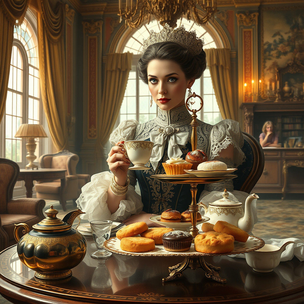 Victorian Lady's Opulent Tea Party as Impasto Painting