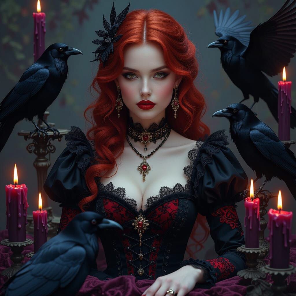 Gothic Woman with Crows and Candles