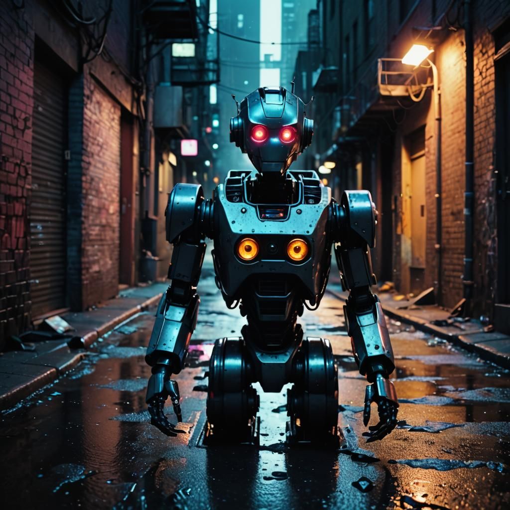 Dystopian Robot Spying in Dark Alleyway