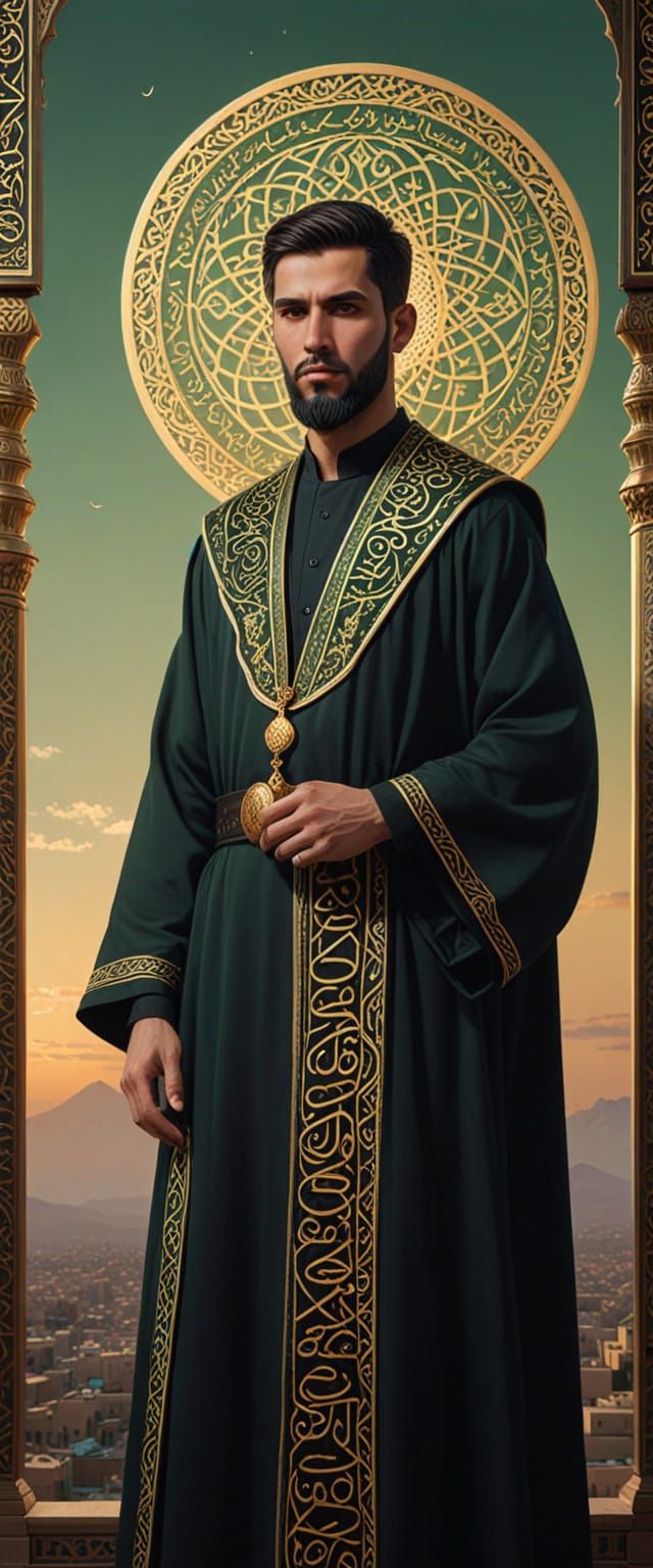 Majestic Saint in Islamic Attire with Golden Quranic Inscrip...