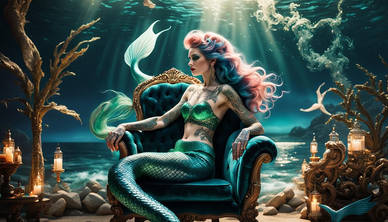 Tattooed Mermaid Reclining in Opulent Fantasy Setting