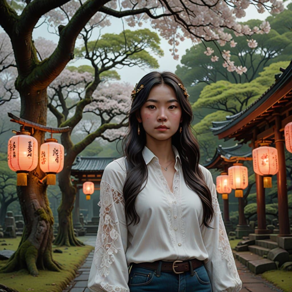 Asian Woman Outside a Japanese Shrine at Dusk