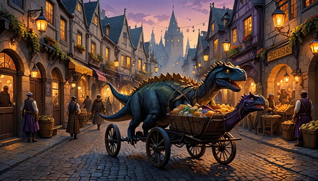 Dinosaur Bartender in Medieval Market: Dark Fantasy Art