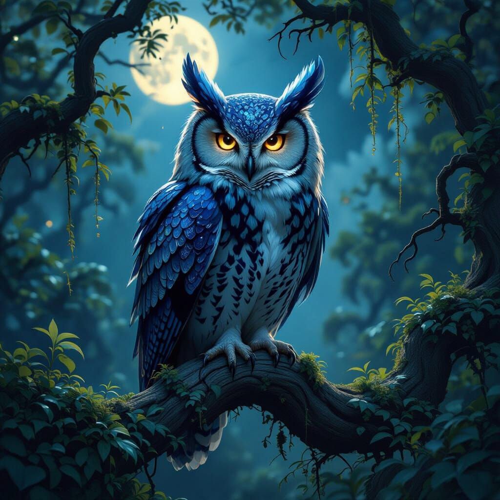 Majestic Scaled Owl on Ancient Branch Under Moonlight