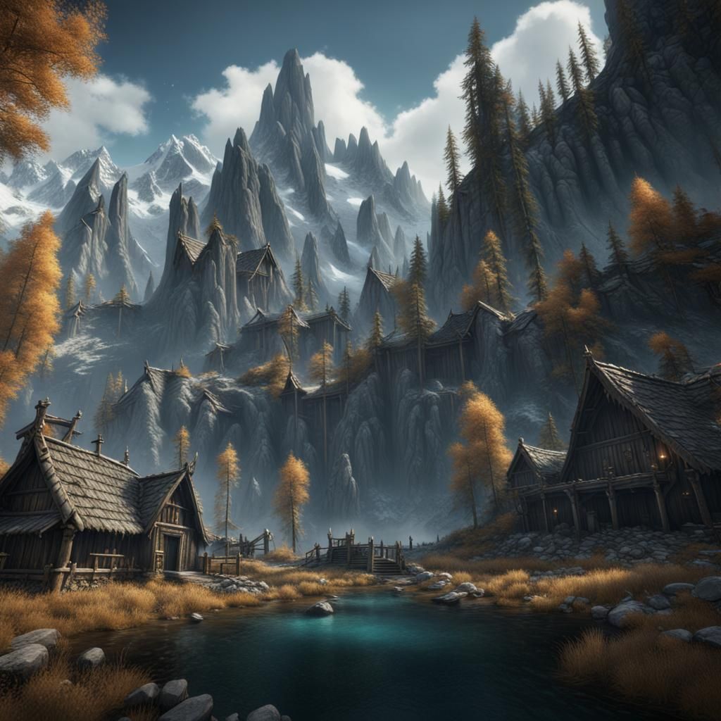 Detailed Skyrim Landscape in Fantasy Concept Art Style