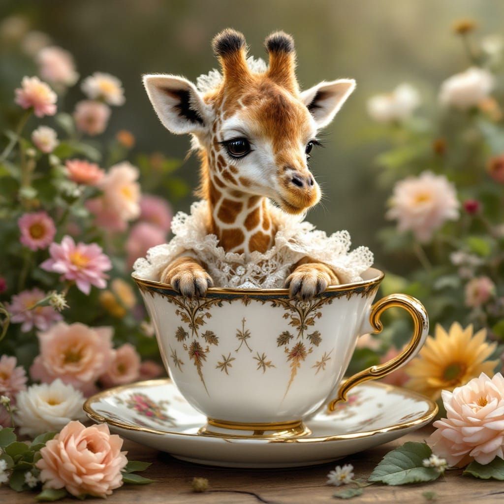 Giraffe in Teacup: Wildlife Realism Meets Whimsy